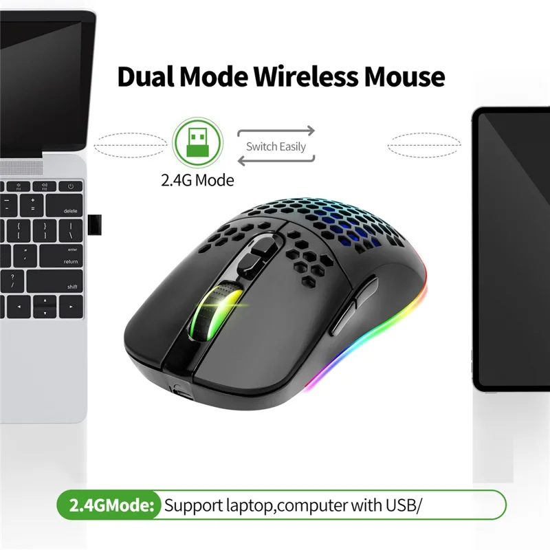 2.4G Bluetooth-compatible Dual Mode Honeycomb Shell Wireless Mouse with RGB Backlit for Laptop PC Computer - Black