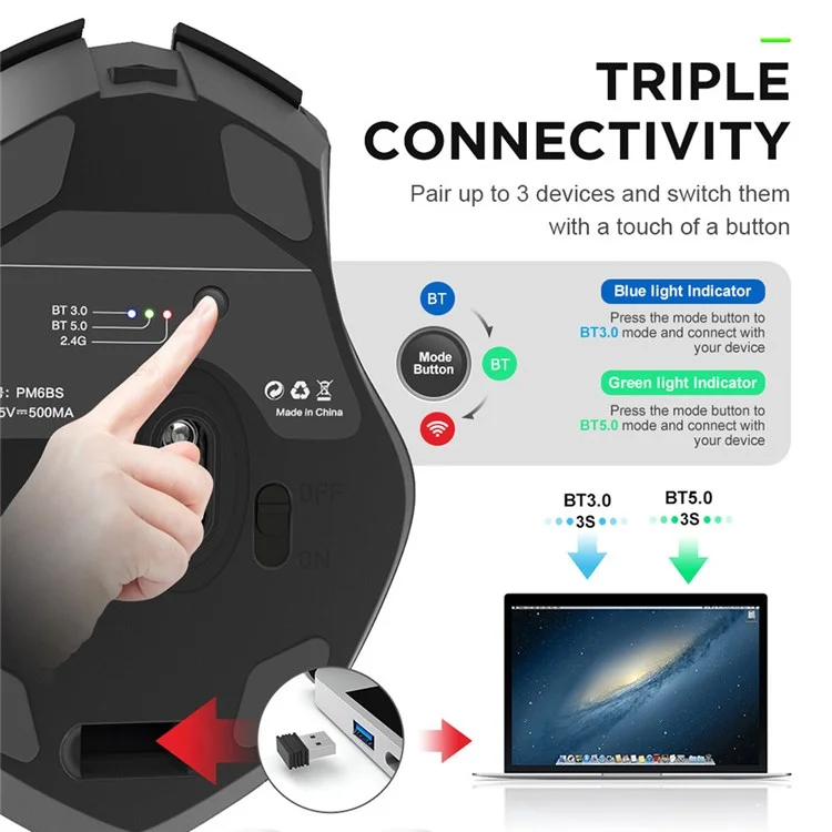 INPHIC PM6 Bluetooth-compatible 2.4G USB Wireless Mouse Computer Laptop PC Silent Rechargeable Charging Home Game Ergonomic Noiseless Mouse - Grey / 2.4G Wireless