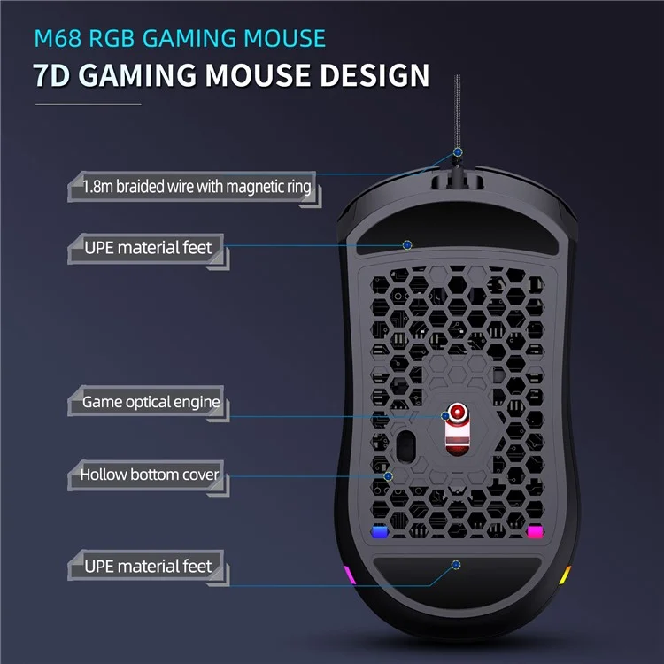 Y-fruitful M68 Wired Gaming Maus 12000 Dpi 6-gang Einstellbare E-sport-maus Mit Rgb-lichtern / Hohlbodenabdeckung / 6pcs Eisenblock