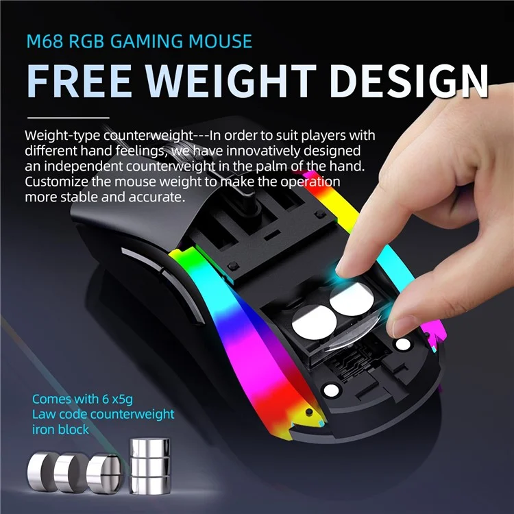 Y-fruitful M68 Wired Gaming Maus 12000 Dpi 6-gang Einstellbare E-sport-maus Mit Rgb-lichtern / Hohlbodenabdeckung / 6pcs Eisenblock