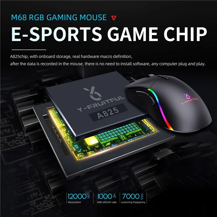 Y-fruitful M68 Wired Gaming Maus 12000 Dpi 6-gang Einstellbare E-sport-maus Mit Rgb-lichtern / Hohlbodenabdeckung / 6pcs Eisenblock