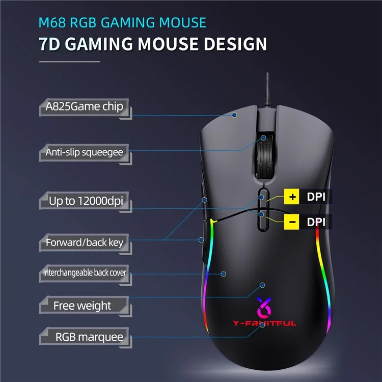Y-fruitful M68 Wired Gaming Maus 12000 Dpi 6-gang Einstellbare E-sport-maus Mit Rgb-lichtern / Hohlbodenabdeckung / 6pcs Eisenblock