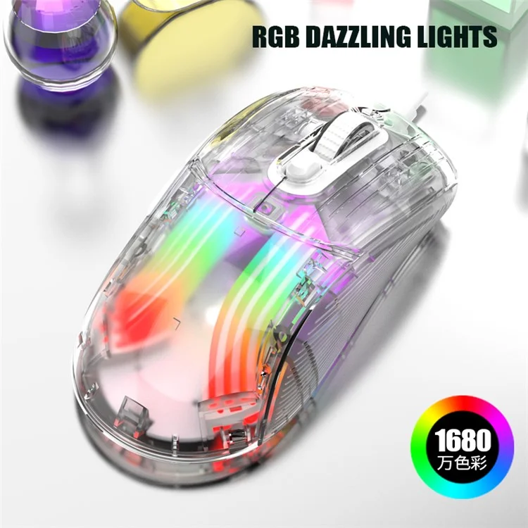 XUNFOX XYH10 Mouse USB con cable transparente, 6 velocidades DPI, 7 teclas, ratón para juegos con luz RGB para PC / Portátil - Blanco