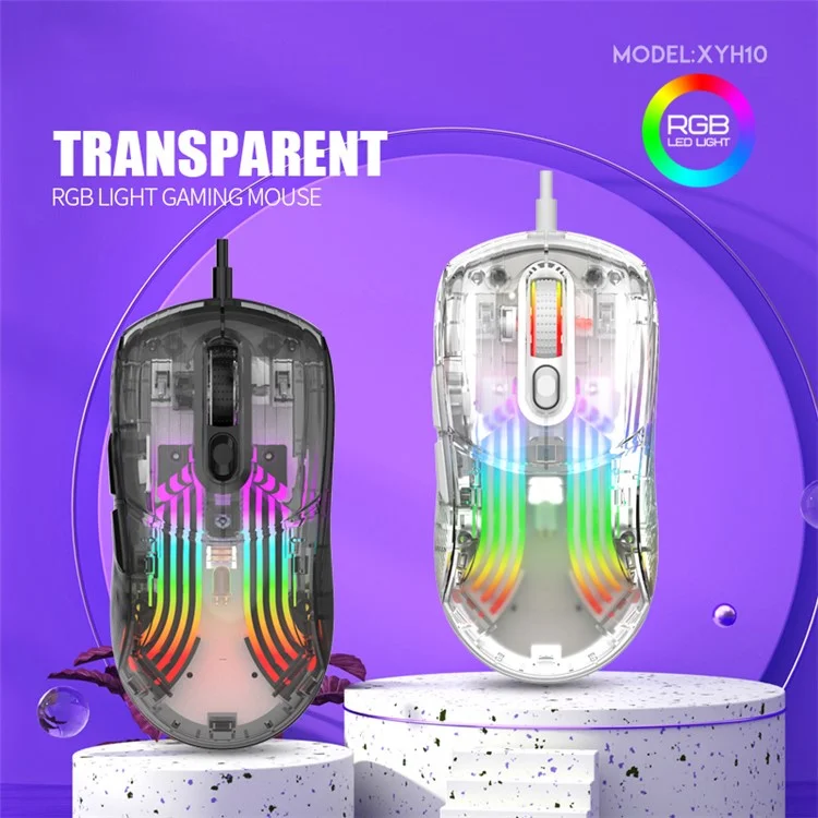 XUNFOX XYH10 Mouse USB con cable transparente, 6 velocidades DPI, 7 teclas, ratón para juegos con luz RGB para PC / Portátil - Blanco