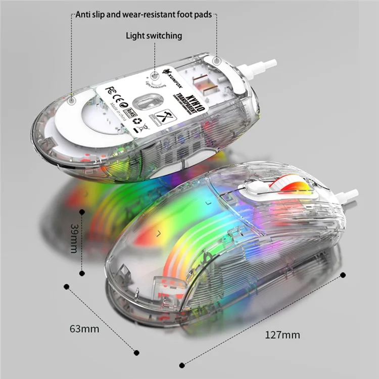 XUNFOX XYH10 Mouse USB con cable transparente, 6 velocidades DPI, 7 teclas, ratón para juegos con luz RGB para PC / Portátil - Blanco
