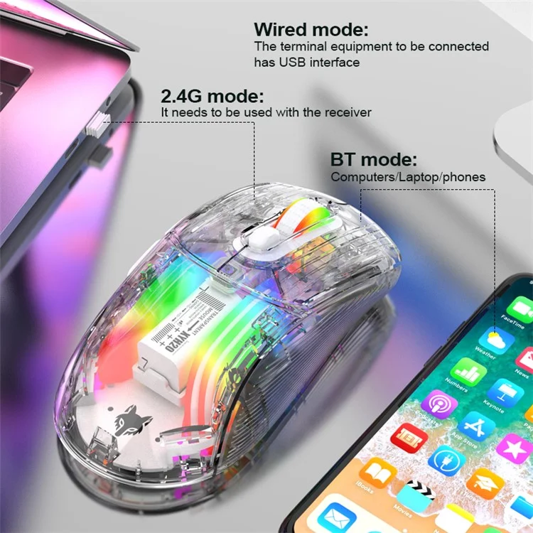 XYH20 2.4G+BT5.0+Wired Three Modes Transparent Mechanical Mouse 5-Speed DPI 7 Keys Gaming Mouse with RGB Light - White
