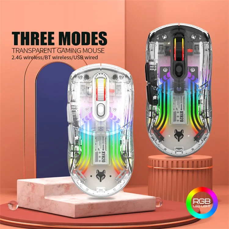 XYH20 2.4G+BT5.0+Wired Three Modes Transparent Mechanical Mouse 5-Speed DPI 7 Keys Gaming Mouse with RGB Light - White
