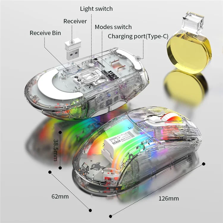 XYH20 2.4G+BT5.0+Wired Three Modes Transparent Mechanical Mouse 5-Speed DPI 7 Keys Gaming Mouse with RGB Light - White