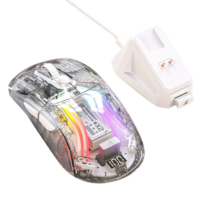 ATTACK SHARK X2PRO RGB lys Wireless Bluetooth-mus Tri-mode Transparent Gaming-mus med Display-skærm - Hvid