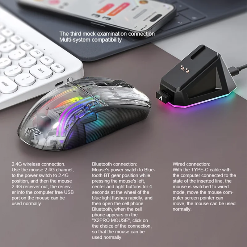 ATTACK SHARK X2PRO RGB lys Wireless Bluetooth-mus Tri-mode Transparent Gaming-mus med Display-skærm - Hvid