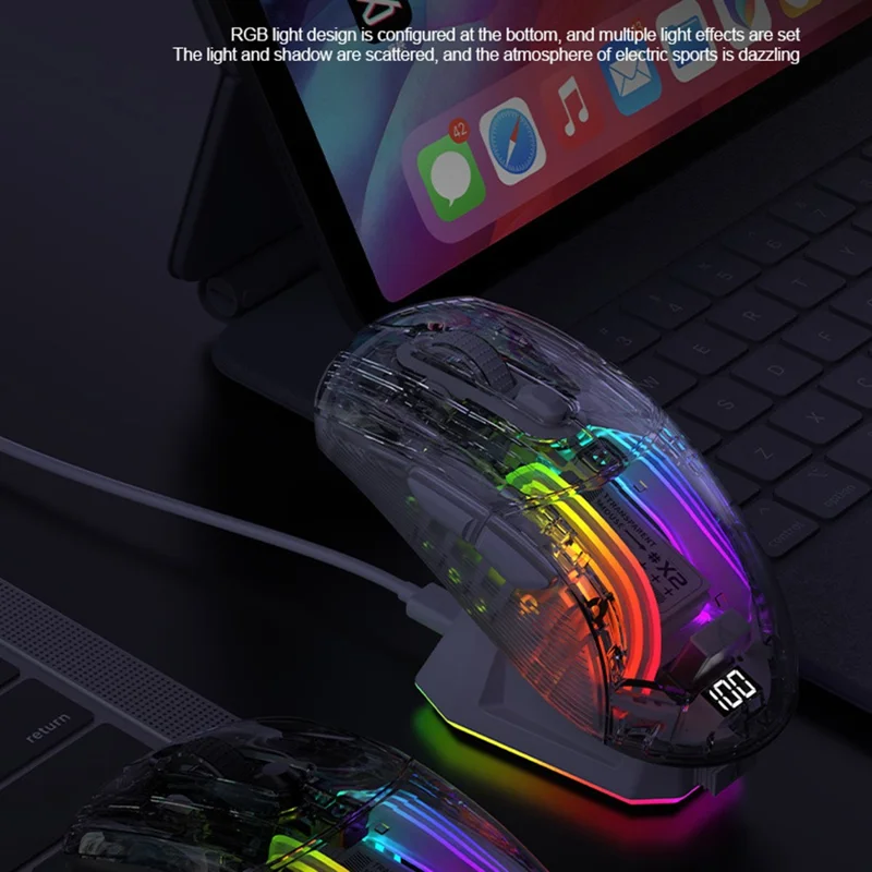 ATTACK SHARK X2PRO RGB lys Wireless Bluetooth-mus Tri-mode Transparent Gaming-mus med Display-skærm - Hvid