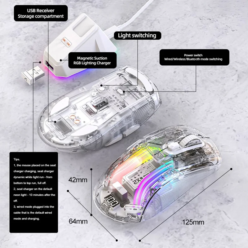 ATTACK SHARK X2PRO RGB lys Wireless Bluetooth-mus Tri-mode Transparent Gaming-mus med Display-skærm - Hvid