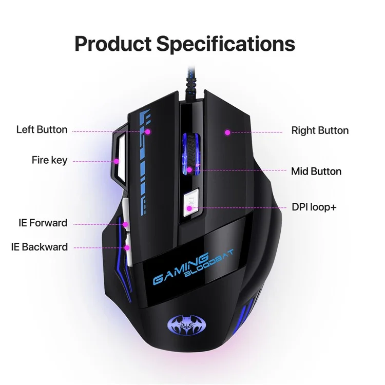 Bloodbat GM02 USB Gaming Wiring Mouse Colorido Respiración de la Computadora Portátil Laptop Rates