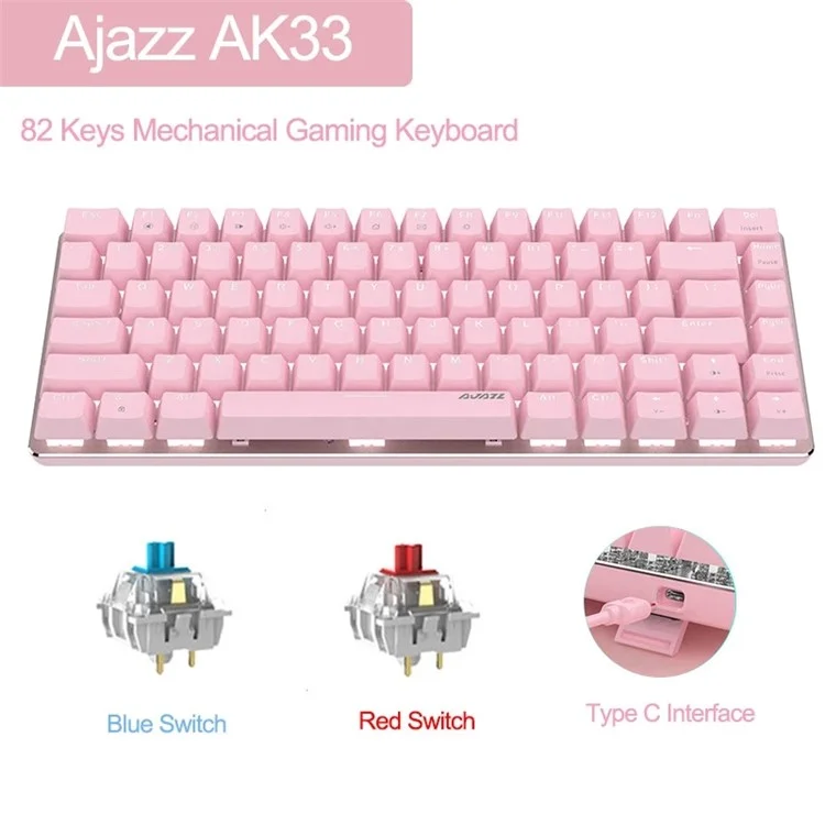 AJAZZ AK33 USB Type-C Wired Computer Laptop Gaming 82 Keys Backlit Mechanical Keyboard - Pink/Red Switch