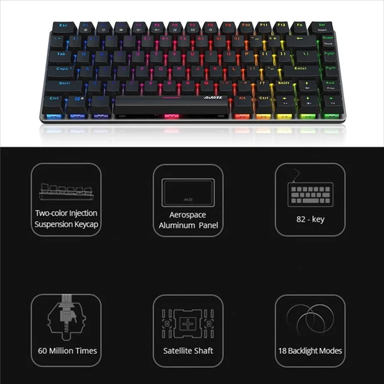 AJAZZ AK33 Computer Laptop Gaming USB Wired 82 Keys RGB Backlit Mechanical Keyboard - Black/Black Switch