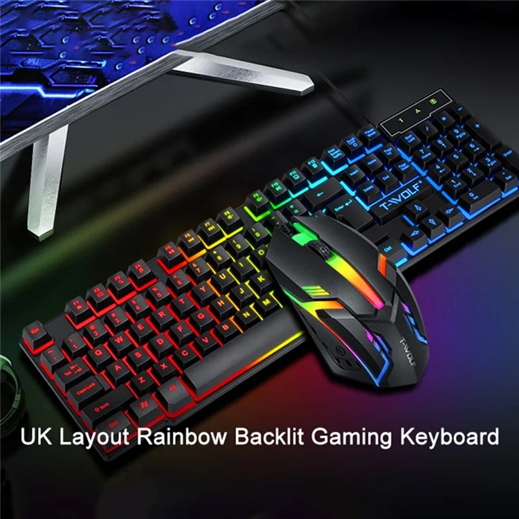 T-WOLF TF800 4-in-1 LED-beleuchtete Gaming-Tastatur, Maus, Kopfhörer und Mauspad-Set