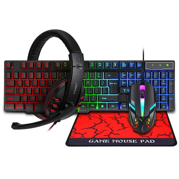 T-WOLF TF800 4-in-1 LED-beleuchtete Gaming-Tastatur, Maus, Kopfhörer und Mauspad-Set