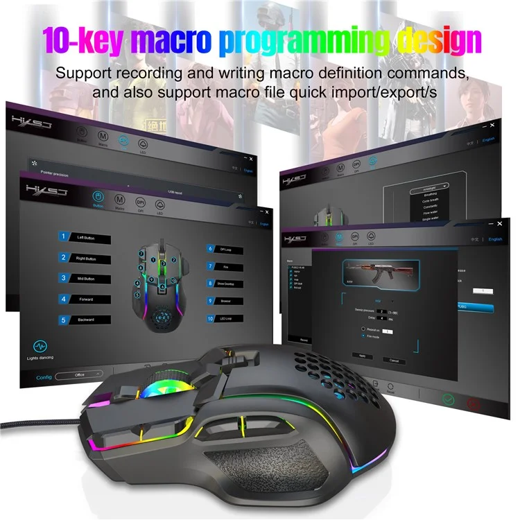 Botões HXSJ S700 12800 DPI 10 Mouse de Jogos Programáveis ​​usb Mousem 13 RGB Modos de Luz