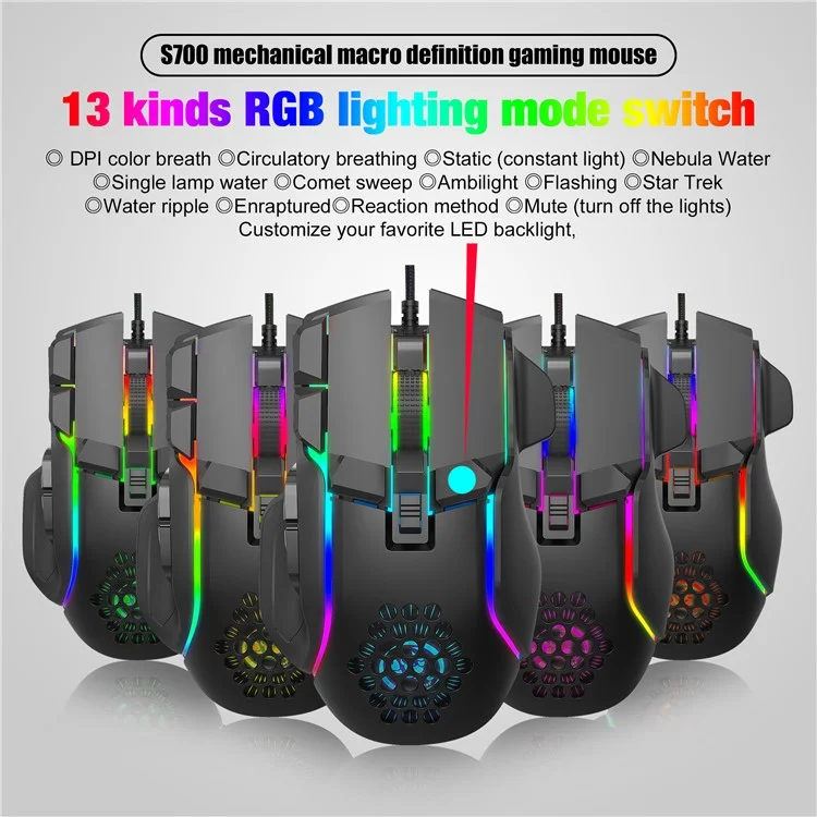 HXSJ S700 12800 DPI 10 Botones USB Wired Programable Gaming Mouse 13 RGB Modos de Luz Ratones Portátiles de Computadora