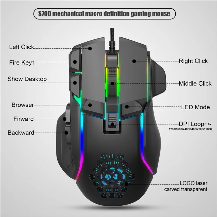 HXSJ S700 12800 DPI 10 Botones USB Wired Programable Gaming Mouse 13 RGB Modos de Luz Ratones Portátiles de Computadora