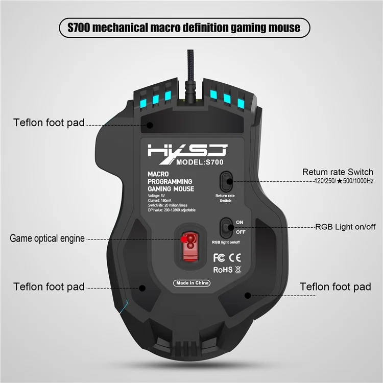 Botões HXSJ S700 12800 DPI 10 Mouse de Jogos Programáveis ​​usb Mousem 13 RGB Modos de Luz