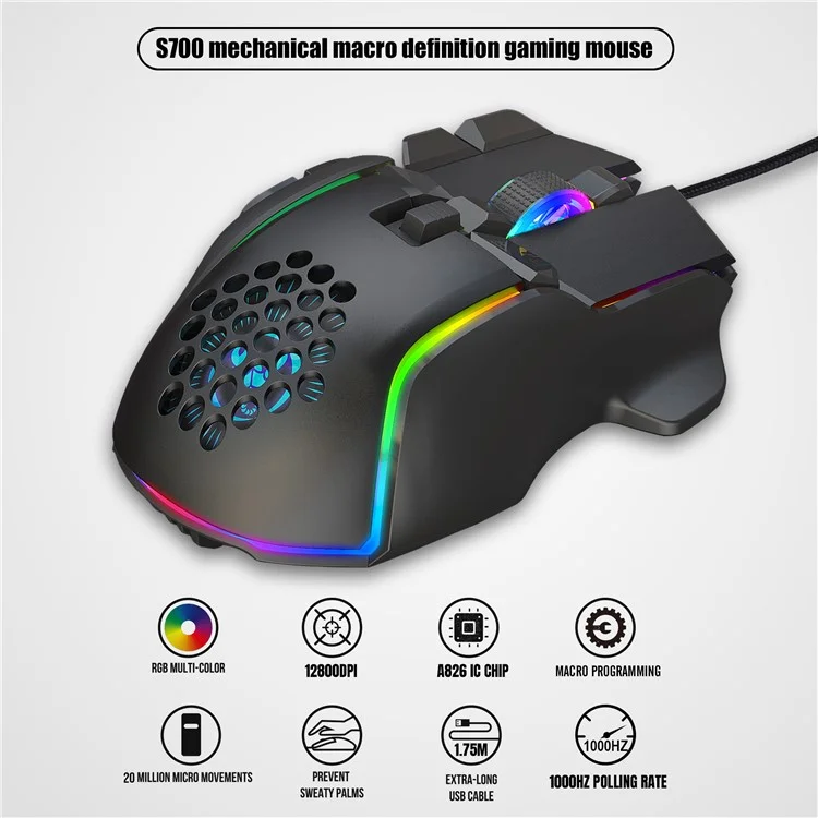 HXSJ S700 12800 DPI 10 Botones USB Wired Programable Gaming Mouse 13 RGB Modos de Luz Ratones Portátiles de Computadora