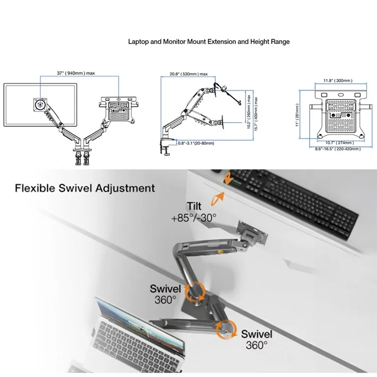 Support de Moniteur de Bureau NORTH BAYOU F160-FP 17-30 Pouces Support de Bras Réglable pour Ordinateur Portable à Double Bras - Noir