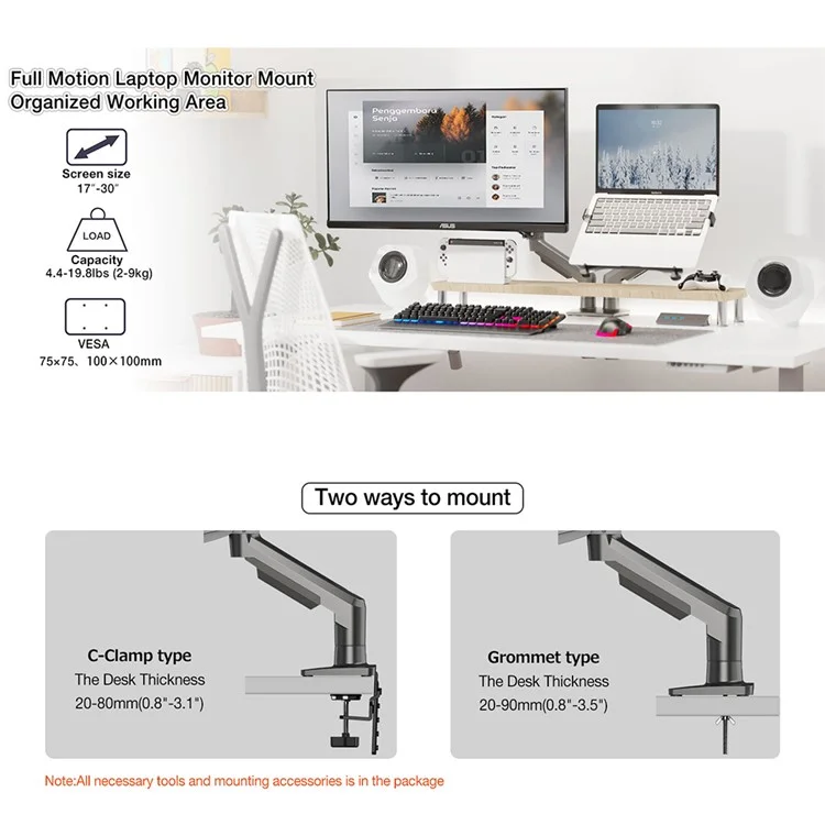 Support de Moniteur de Bureau NORTH BAYOU F160-FP 17-30 Pouces Support de Bras Réglable pour Ordinateur Portable à Double Bras - Noir