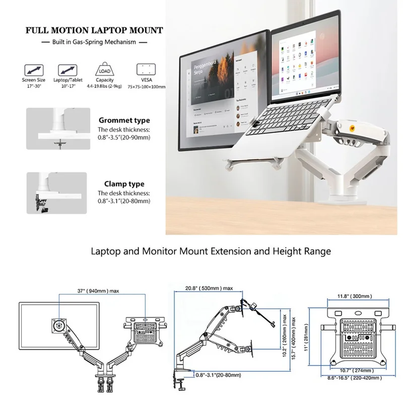 NORTH BAYOU F160-FP 17-30 Zoll Bildschirm Schreibtischhalterung Verstellbarer Laptop-Halter Doppelarm-Halterung - Weiß