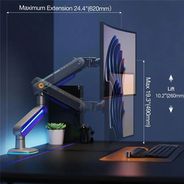 NORTH BAYOU G70 32-60 Inch Gaming Monitor Arm Height Adjustable Desktop Mount Mechanical Spring Stand with RGB Light