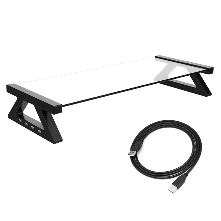 Ergonomic Design Notebook Lifting Desktop Bracket Tempered Glass Laptop Riser Stand with USB Ports - Transparent