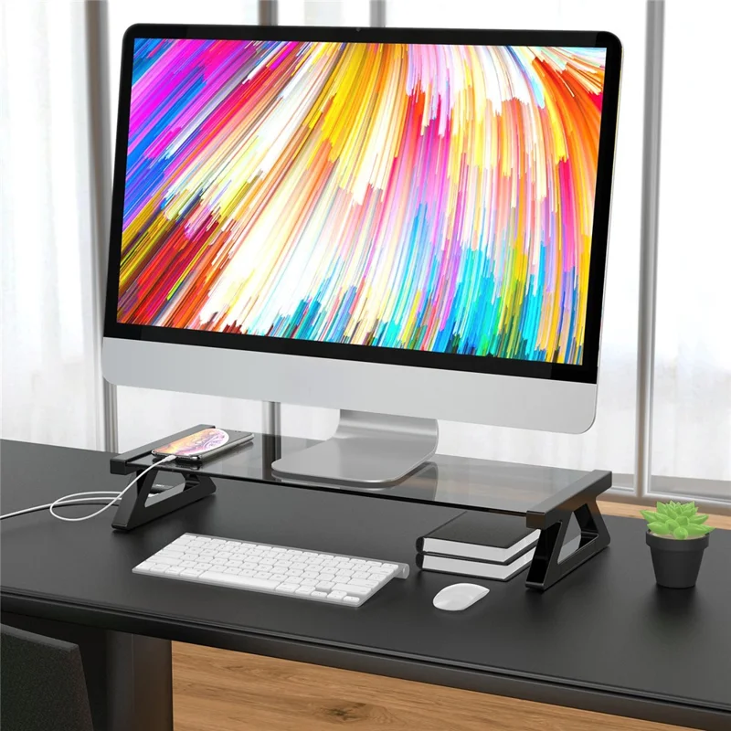 Ergonomic Design Notebook Lifting Desktop Bracket Tempered Glass Laptop Riser Stand with USB Ports - Transparent