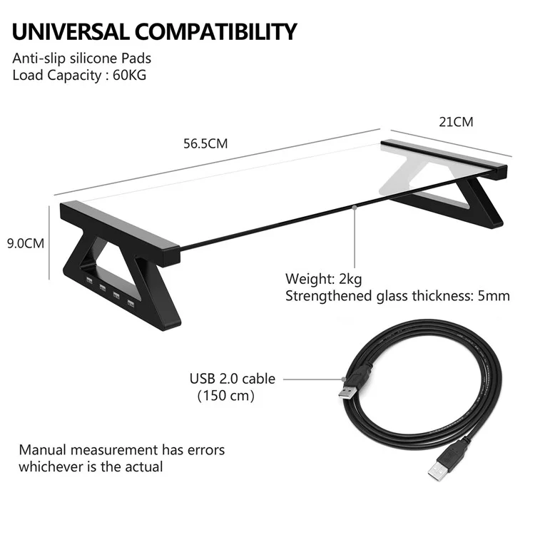 Ergonomic Design Notebook Lifting Desktop Bracket Tempered Glass Laptop Riser Stand with USB Ports - Transparent