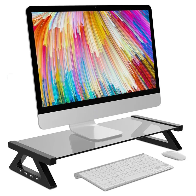 Ergonomic Design Notebook Lifting Desktop Bracket Tempered Glass Laptop Riser Stand with USB Ports - Transparent