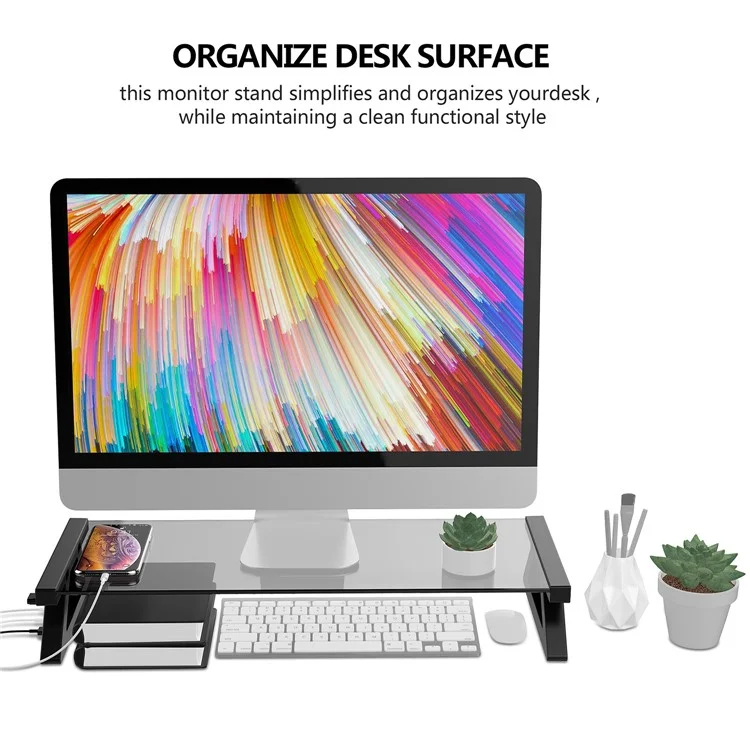 Ergonomic Design Notebook Lifting Desktop Bracket Tempered Glass Laptop Riser Stand with USB Ports - Transparent