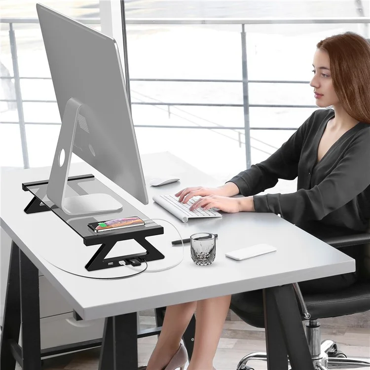 Ergonomic Design Notebook Lifting Desktop Bracket Tempered Glass Laptop Riser Stand with USB Ports - Transparent