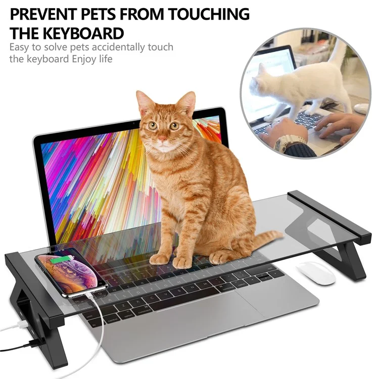 Ergonomic Design Notebook Lifting Desktop Bracket Tempered Glass Laptop Riser Stand with USB Ports - Transparent