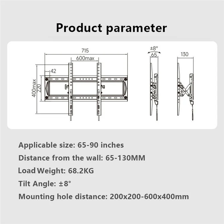 North Bayou DF80-T Universal 65-90 Pouces TV Mur Mound Bracket Angle Télévision Réglable Télévision Réglable