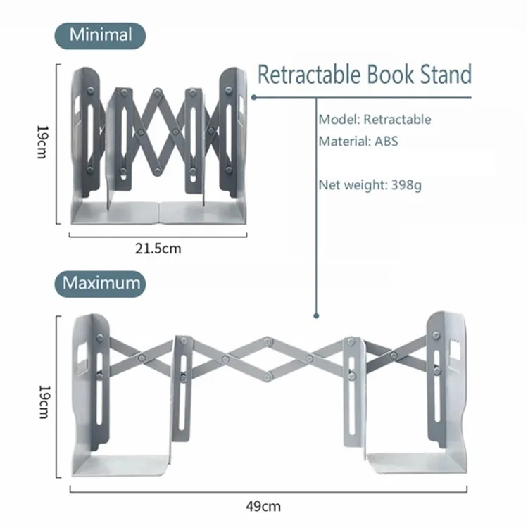 Retractable Bookend Book Stand Bookshelf with Pen Holder for Home Office - Grey