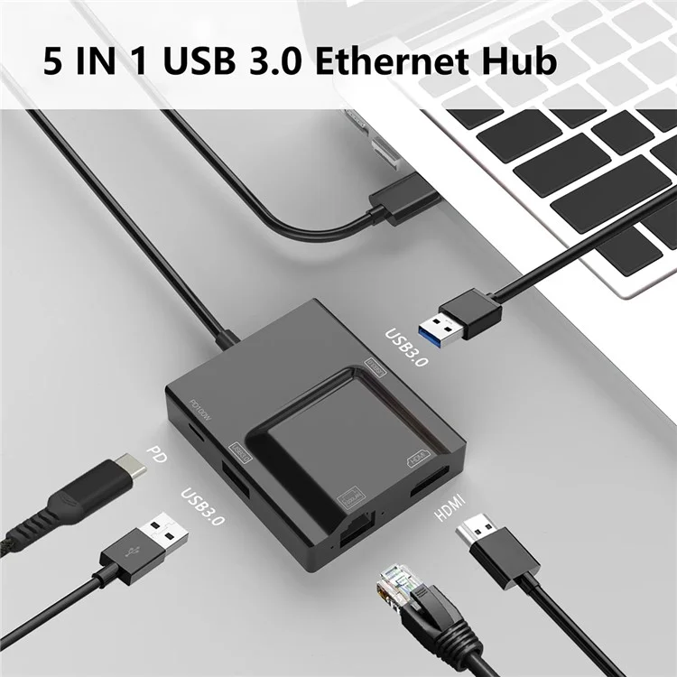Adaptador de concentrador HDMI NK-3057USB-C a 2xUSB 3.0+HD+Type-C+RJ45 Convertidor para portátil