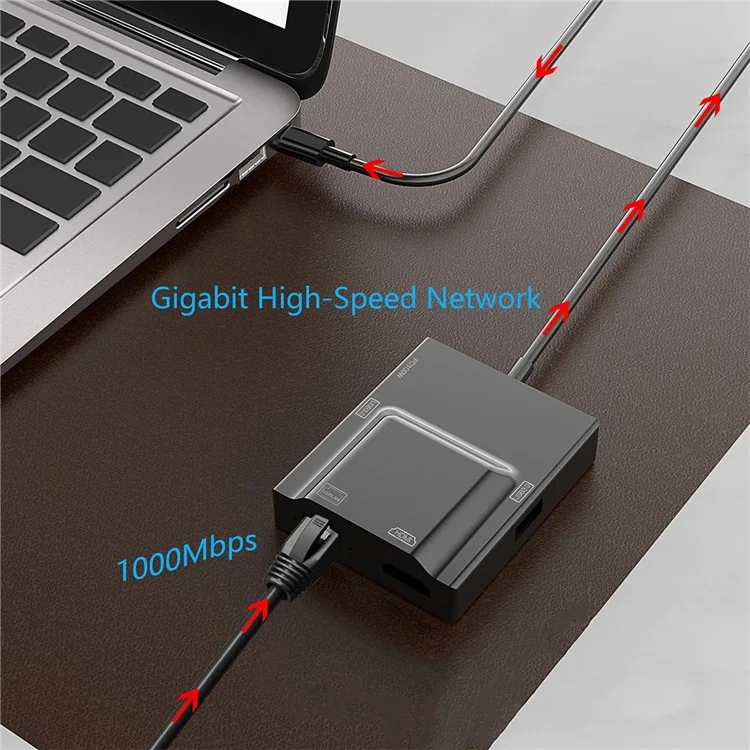 Adaptador de concentrador HDMI NK-3057USB-C a 2xUSB 3.0+HD+Type-C+RJ45 Convertidor para portátil