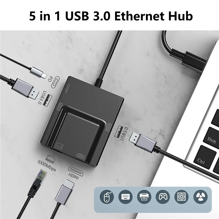 Adaptador de concentrador HDMI NK-3057USB-C a 2xUSB 3.0+HD+Type-C+RJ45 Convertidor para portátil