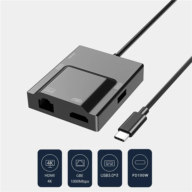 Adaptador de concentrador HDMI NK-3057USB-C a 2xUSB 3.0+HD+Type-C+RJ45 Convertidor para portátil
