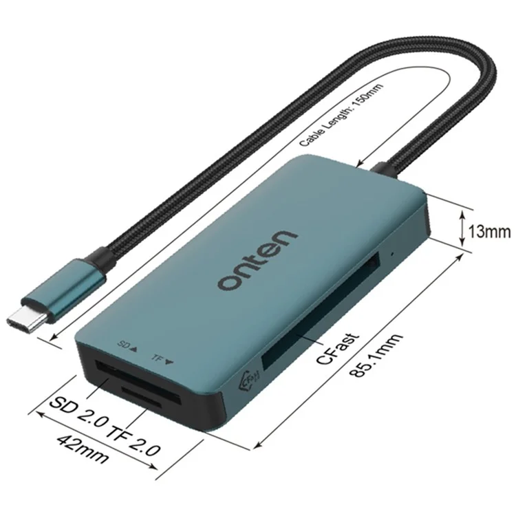 ONTEN C15 Type-C Card Reader Data Reading Converter Plug and Play for SD+Cfast+TF Cards - Green