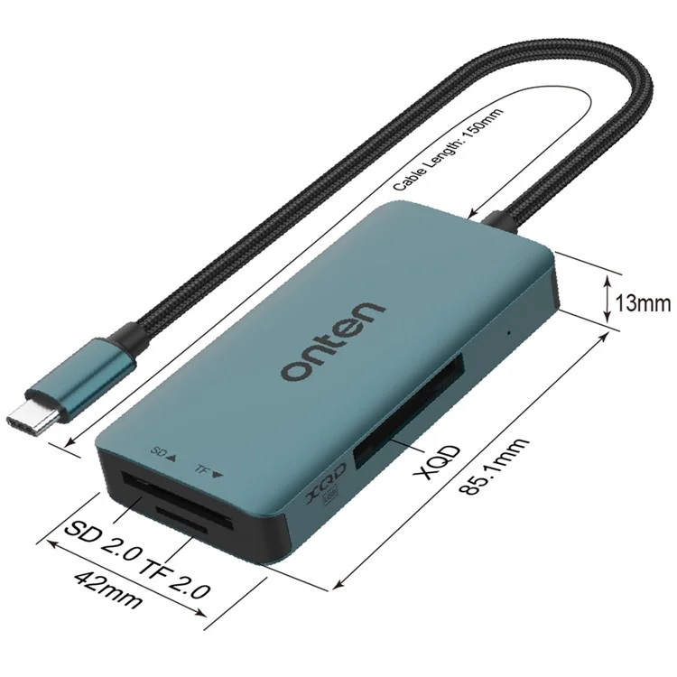 ONTEN C13 Type-C Card Reader Data Reading for SD+XQD+TF Cards - Green