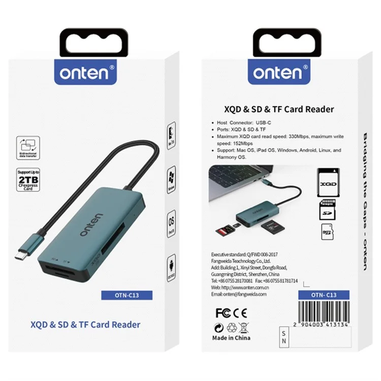 ONTEN C13 Type-C Card Reader Data Reading for SD+XQD+TF Cards - Green