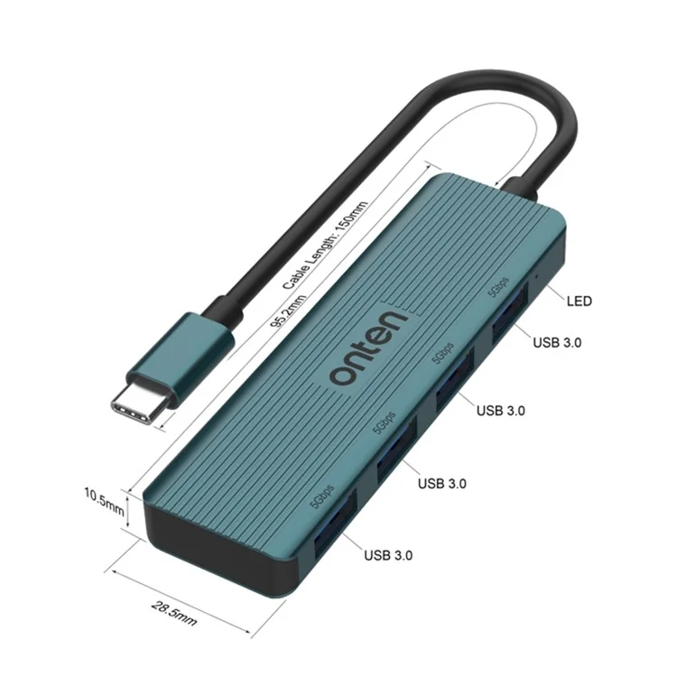 ONTEN UC621 Câble de 15 cm Type-C vers 4 ports USB3.2 Gen1 Concentrateur USB Diviseur Adaptateur pour ordinateur portable et téléphone - Vert