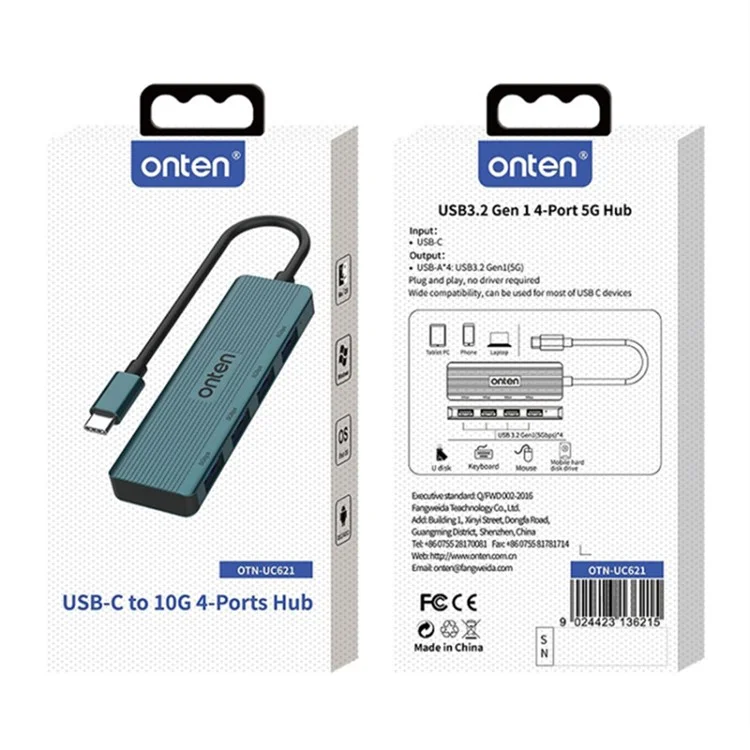 ONTEN UC621 Câble de 15 cm Type-C vers 4 ports USB3.2 Gen1 Concentrateur USB Diviseur Adaptateur pour ordinateur portable et téléphone - Vert