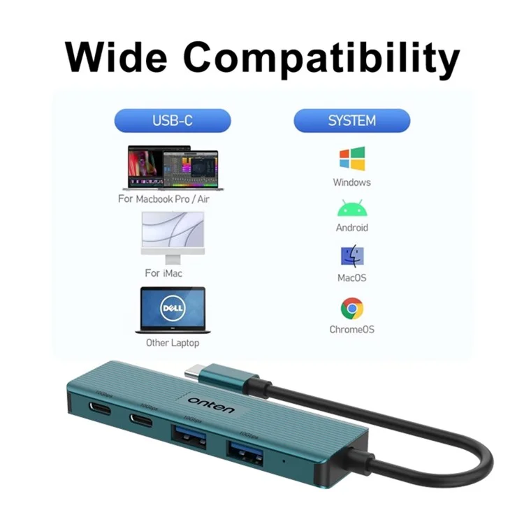 ONTEN UC622 Кабель 15см Type-C к 2USB + 2Type-C портам 10Гбит/с USB-концентратор Разветвитель Адаптер для ноутбуков и телефонов - Зеленый