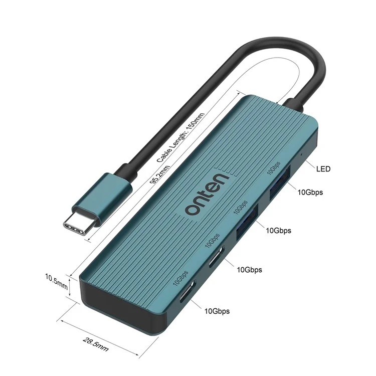 ONTEN UC622 Кабель 15см Type-C к 2USB + 2Type-C портам 10Гбит/с USB-концентратор Разветвитель Адаптер для ноутбуков и телефонов - Зеленый